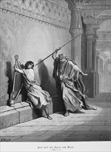 Saul throws the spear at David, 1st book of Samuel, chapter 18, harp, temple room, sitting, spear,