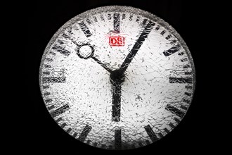 Shattered glass on a railway station clock at night, detail, symbolic photo, Witten, North