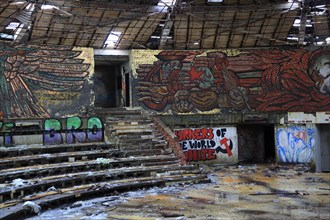 Ruined vandalised interior of Buzludzha monument former communist party headquarters, Bulgaria,