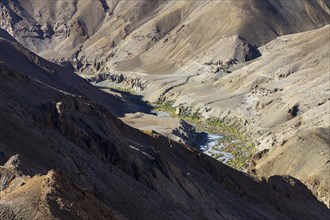 Niri Chu valley of Zanskar, with some vegetation at its bottom and rugged slopes above,