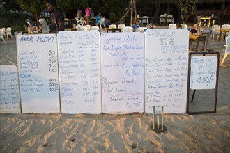 Menu boards for beach bar restaurant, Mirissa, Sri Lanka, Asia