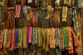 Colourful textile borders, bazaar, at Charminar, Hyderabad, Andhra Pradesh, India, Asia
