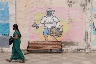 Astronaut with fruit basket and fish, Graffiti, Pondicherry or Puducherry, Tamil Nadu, India, Asia