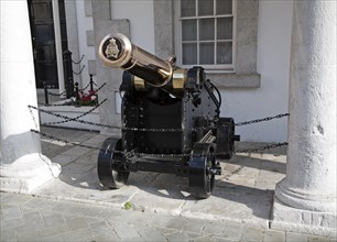 Cannon at historic Convent Guard House building, Gibraltar, British overseas territory in southern
