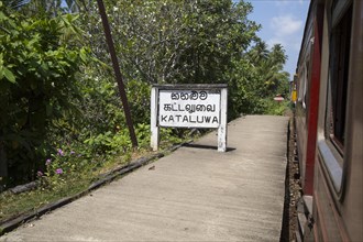 Kataluwa railway station sign in three languages, Sri Lanka, Asia
