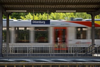 Passing train of the Hessische Landesbahn HLB at the railway station in Dillenburg, Hesse, Germany,