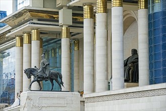Main entrance to the Mongolian Government Palace, State Palace with statue of Genghis Khan in the