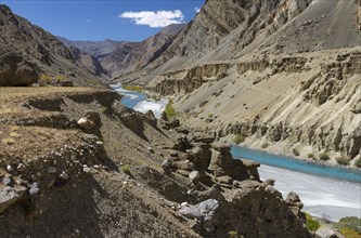 Tsarab River, cutting across the Zanskar Range of the Himalayas in Ladakh, seen on a clear,