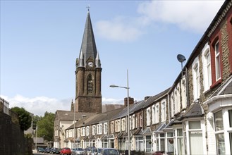 Christ Church and crescent of terraced housing, Ebbw Vale, Blaenau Gwent, South Wales, UK