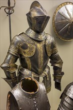 16th century browned and gilded medieval suit of armour with armet, burgonet helmet, burgundian