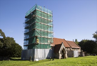 Scaffolding repair of ancient tower, St Margaret's church, Shottisham, Suffolk, England, UK