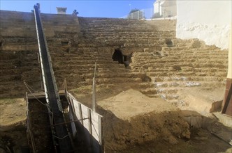 Roman amphitheatre site viewed through observation window, Cadiz, Spain, Europe