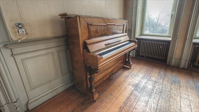 An old grand piano in a room with historic charm and a worn wooden floor, Villa Woodstock, Lost