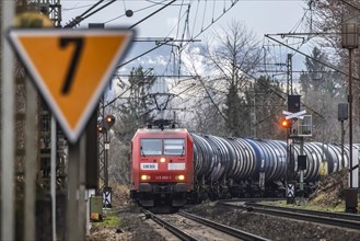 Railway line with goods train RBH Logistics, class BR145 locomotive, Stuttgart, Baden-Wuerttemberg,