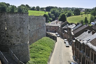 View over street and old medieval town rampart at Binche, Hainaut, Wallonia, Belgium, Europe