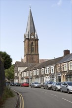 Christ Church and crescent of terraced housing, Ebbw Vale, Blaenau Gwent, South Wales, UK