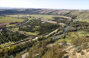 View of River Guadalete floodplain and landscape from Arcos de la Frontera, Cadiz Province, Spain,