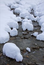 Mountain stream in the snow in winter in the Gran Paradiso National Park, Valle d'Aosta, Italy,