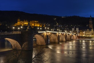 Old bridge and castle at the blue hour, Heidelberg, Baden-Wuerttemberg, Germany, Europe