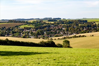 Chalk downland scenery view to village of Lambourn, Berkshire, England, UK