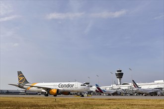 Overview Condor Airbus A320, Air France and Eurowings aircraft at check-in position at Terminal 1