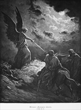 Balaam's or Balaam's donkey, Genesis chapter 22, angel, wings, sword, threat, mountain landscape,