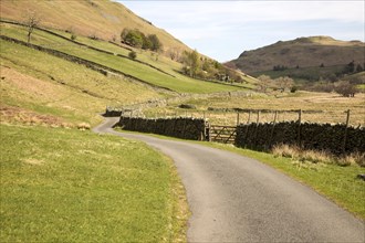 Narrow road and dry stonewall, Boredale valley, Martindale, Lake District national park, Cumbria,