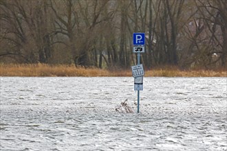 Flooded car park, parking for motorhomes, campervans at Lower Saxon Elbe Valley Biosphere Reserve
