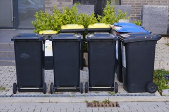 Waste bins for recyclables, paper and residual waste in front of a house, Dortmund, Ruhr area,