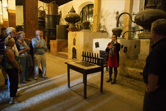 Tour guide explains brandy cognac production in Gonzalez Byass bodega, Jerez de la Frontera, Cadiz