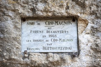 Plaque commemorating the discovery of Cro Magnon man in 1868 by Francois Berthoumeyrou at the Abri