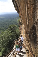 Metal staircase ascending from rock palace fortress, Sigiriya, Central Province, Sri Lanka, Asia