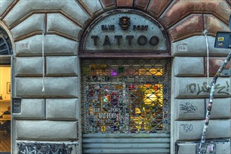 Blue Tattoo barred tattoo parlour, after closing time, Via S. Donato, 63 r Genoa Italy