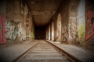 Symmetrical view through a tunnel with tracks, walls sprayed with graffiti, former railway branch