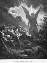 The angel of the Lord smites the army of the Assyrians, 2nd Book of Kings, swords, weapons, battle,