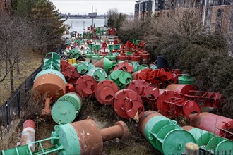 Detroit, Michigan, Navigational buoys stored at the U.S. Coast Guard station. The buoys mark the