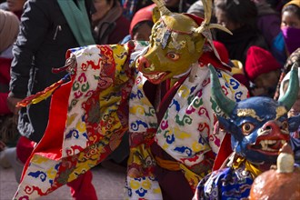 A monk performing cham, the sacred religious masked dance, during the Spituk Gustor winter festival