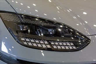 Pontiac, Michigan USA, 4 January 2024, A headlight of the Hyundai Ioniq 6 electric car, which was