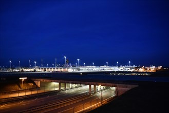Overview Terminal 1 Munich Airport at night, Munich Airport, Upper Bavaria, Bavaria, GermanyMunich