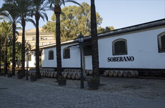 Soberano brandy cognac brand sign on building, Gonzalez Byass bodega, Jerez de la Frontera, Cadiz