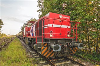 Side view of a locomotive with goods train on tracks, surrounded by green foliage, Lower Rhine,