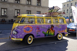 VW Transporter T1, side view, with surfboards and painting from the hippie era, Munich, Bavaria,