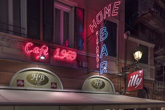 Nocturnal illuminated advertising for Cafe HB 1969, Via Balbi, 143, Genoa, Italy, Europe