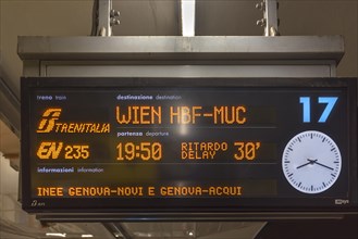 Electronic display board on the platform, Genova Piazza Principe, in the evening, Piazza