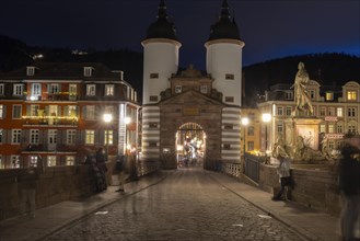 Old bridge with double towers of the bridge gate, Heidelberg, Baden-Wuerttemberg, Germany, Europe