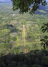 View of water gardens from rock palace fort, Sigiriya, Central Province, Sri Lanka, Asia