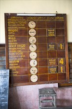 Train timetable at the railway station, Galle, Sri Lanka, Asia