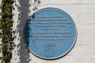 Blue plaque Easy Company, Band of Brothers, 101 Airborne, USA army, Aldbourne, Wiltshire, England,