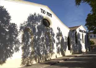 Tio Pepe sherry brand sign Gonzalez Byass bodega building, Jerez de la Frontera, Cadiz province,