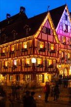 Historic houses with Christmas lights, Christmas decoration, Christmas market, half-timbered house,